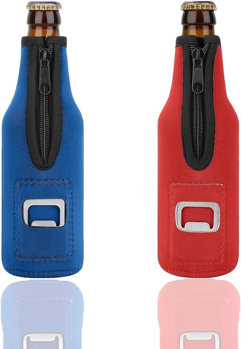 2 stuks bierflessenkoeler manchet, 330 ml bier koelmanchet met dekselopener, neopreen geïsoleerde ritssluiting bier koeler, rood en blauw (a)