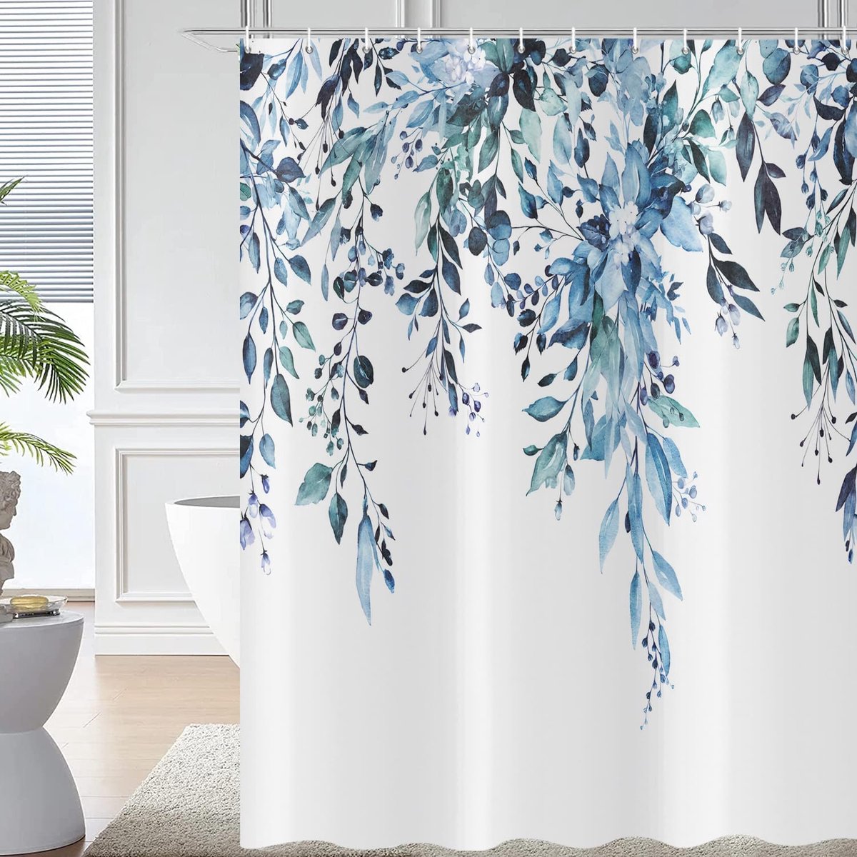 Douchegordijn, blauw, eucalyptus, 180 x 180 cm, aquarel planten, bladeren met bloemen, badgordijn, waterdicht, polyester, wasbaar, badgordijn voor badkamer met haken