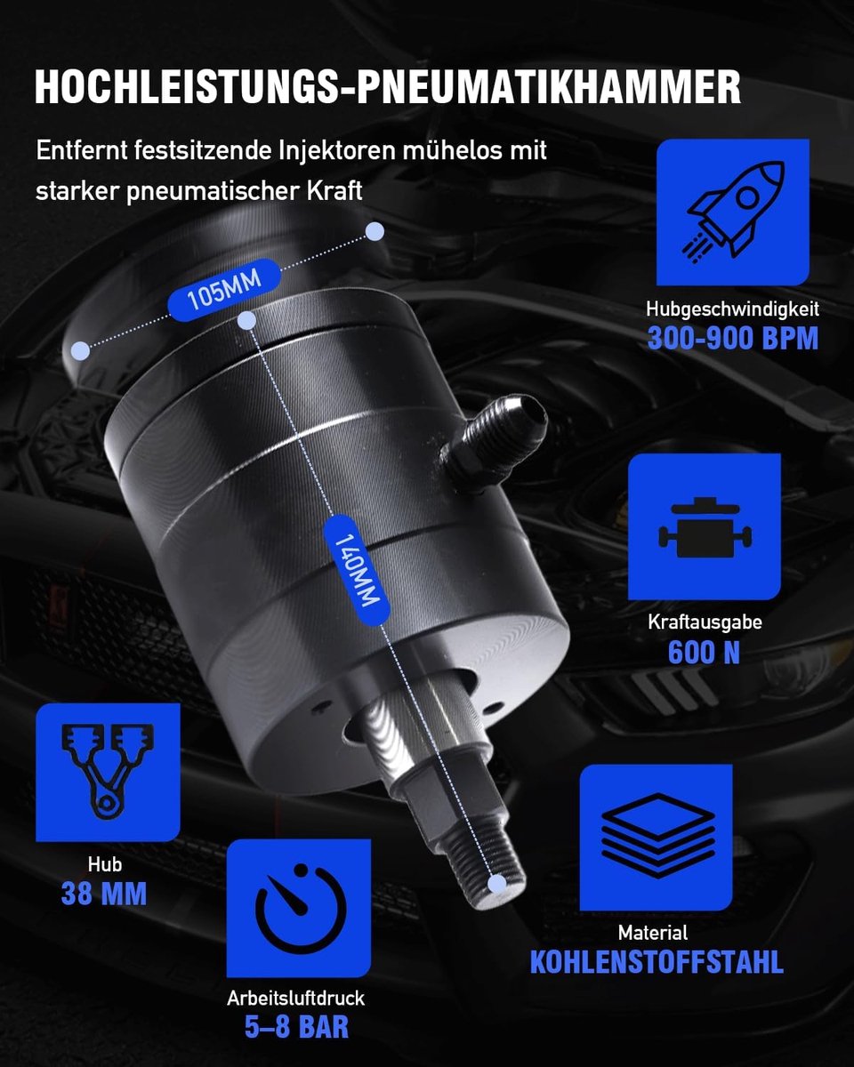 24PCS Pneumatische Diesel Injector Trekkerset, Luchtaangedreven Injector Verwijderingsgereedschap met 19 Adapters & 3×1/4" Koppelingen (US/UK/EU), Werkdruk 5–8 Bar, Zware Stalen Constructie