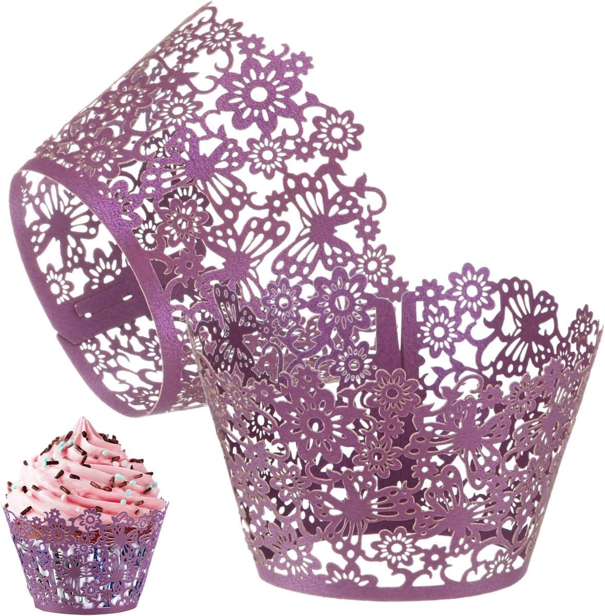 METERXITY 50 stuks cupcake-wikkels, parelmoer kunstpapier, gebloemde kant holle cupcake-voeringen voor bruiloft/verjaardagsfeestje decoratie, bakpapier voor cake [donkerpaars]
