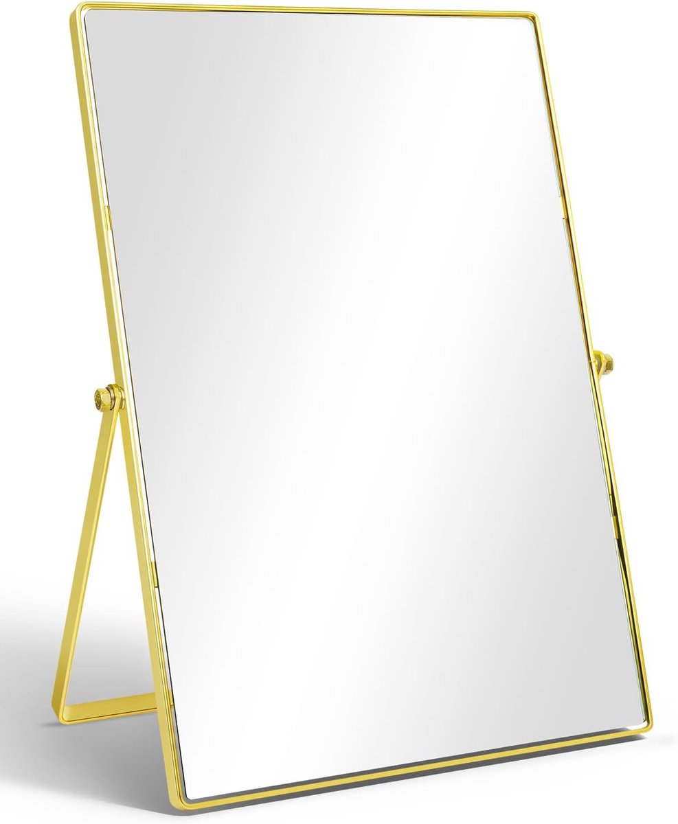 Tafelspiegel 30 × 20 cm, bureauspiegel op standaard met verstelbare hoek en goudkleurig metalen frame, vrijstaand ontwerp voor make-up en kaptafels (rechthoek, goud)