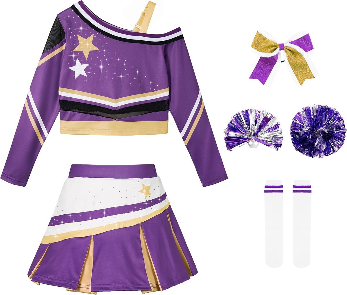 Sprankelend cheerleaderkostuum voor meisjes met pompons, haarstrik en sokken, verkleedoutfit