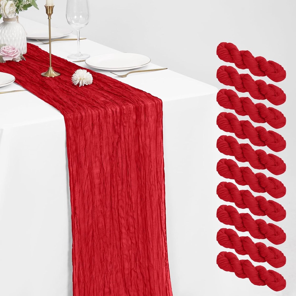 10 stuks kaasdoek tafelloper rood, 21 x 120 inch/53 x 304,8 cm (21 x 120 in) tafelloper romantische lange kaasdoek tafelloper voor bruiloft, festival, jubileum, diner en buitenevenementen