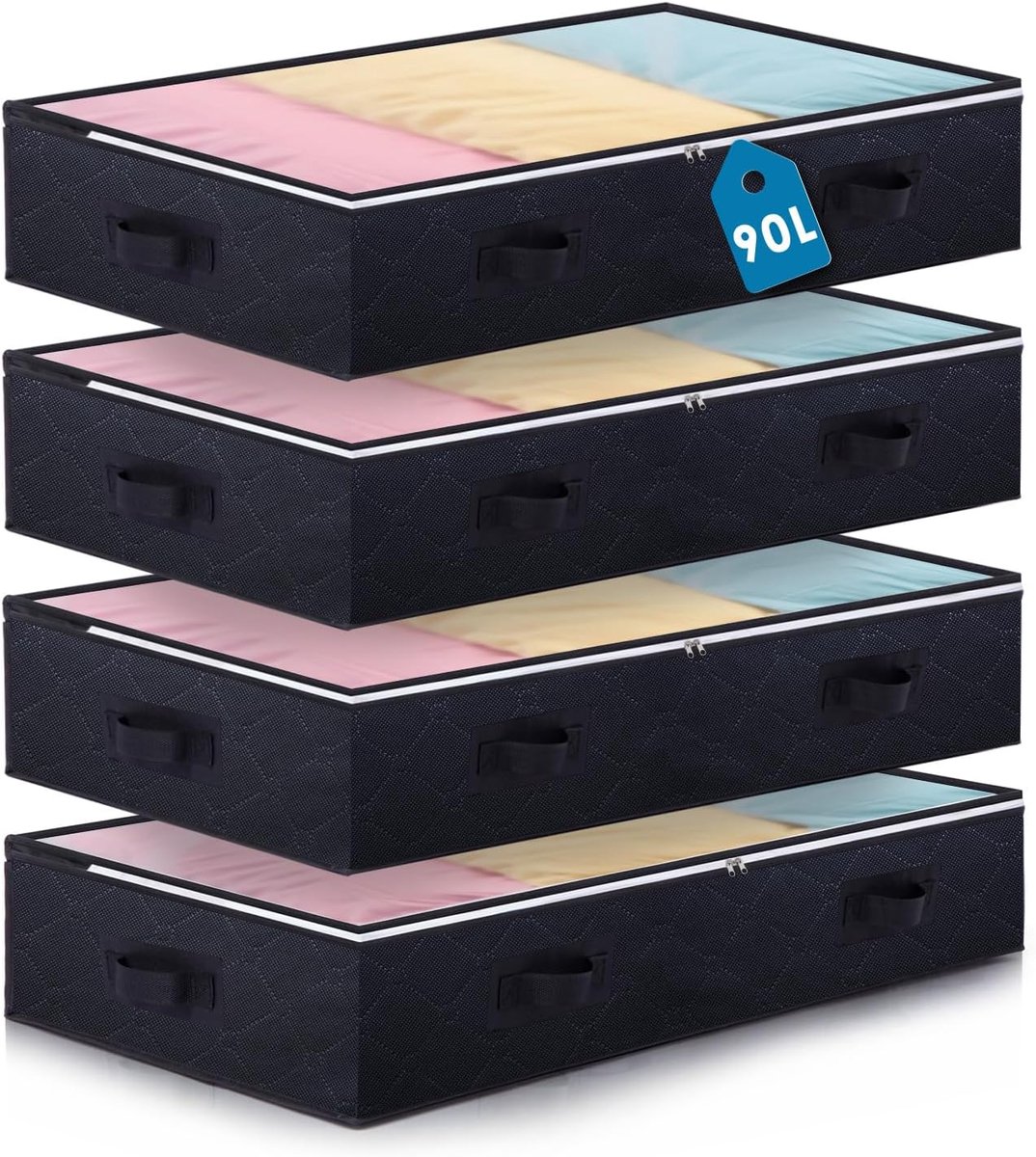 4 Pakketten 90L Onderbed Opbergtas, Opvouwbare Onderbed Opbergtas, Grote Onderbed Opbergdozen Met Deksels, Stof Kleding Opbergtas Opbergorganisator Voor Kleding, Quilts, Dekens, Beddengoed (Zwart