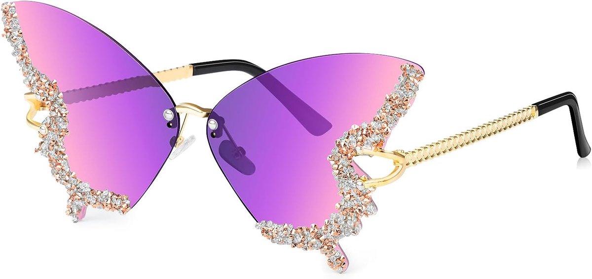 Dameszonnebril, vlinder, vintage retro frameloze bril, funky diamant, strass, zonnebril, festival, rave zonnebril, UV-bescherming