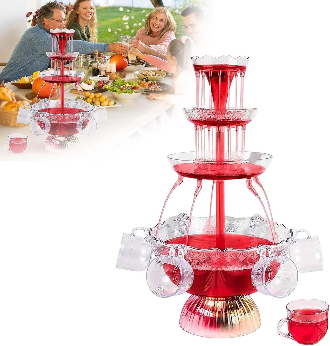 4 liter transparante partyfontein met 5 herbruikbare bekers, acryl, led-verlichte sokkel, voor pubs, thuisfeest