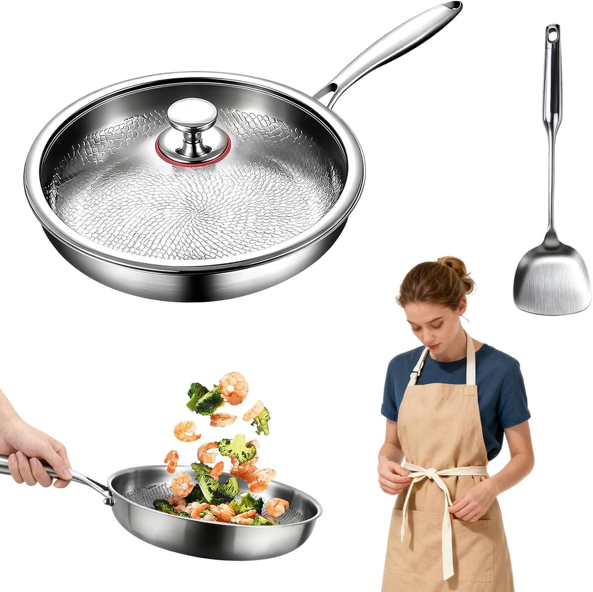 Pan van puur titanium, 24 cm, pannen van titanium met gehamerd patroon om te koken, krasbestendig, anti-aanbaklaag, gehamerde braadpan met deksel, compatibel met alle kookplaten (S)