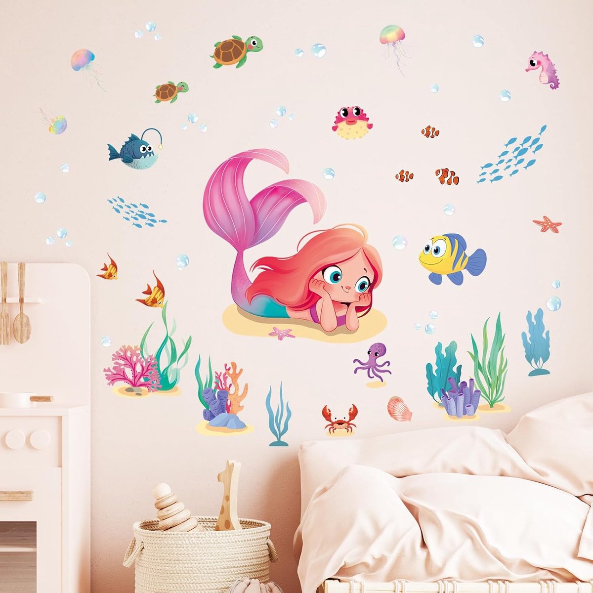 Muurstickers Zeemeermin decoratief vinyl, oceaan, vissen, muurstickers voor kinderkamer, baby en meisje