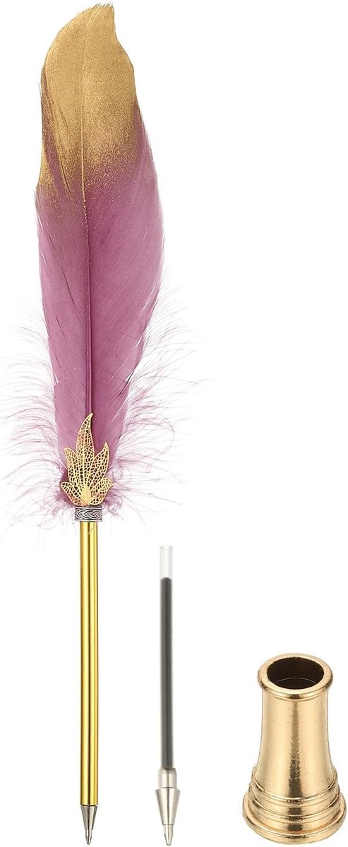 Veren Pen Quill, Veer Balpen Bulk Geraffineerde Vintage Veer Kalligrafie Pen met Gouden Pen Houder voor Gast Handtekening Bruiloft Bruids Kantoor Schrijven, Donkerpaars