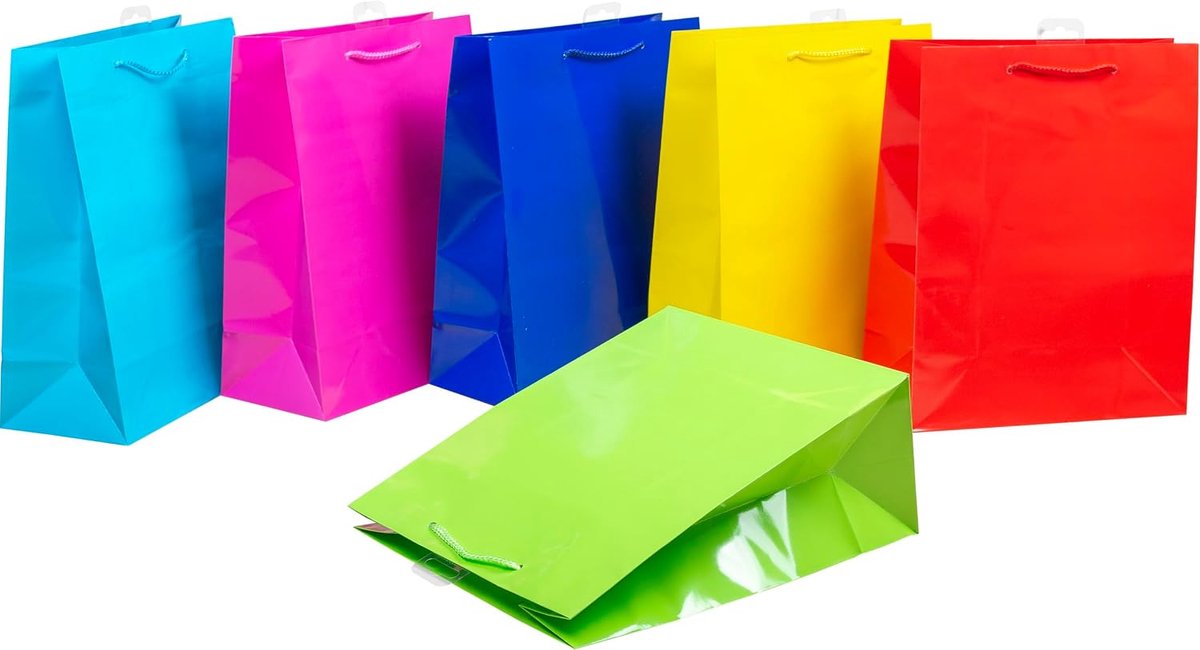 Cadeautasjes in intens gekleurd design, 12 stuks, 6 kleuren (geel, turquoise, rood, roze, lichtgroen, donkerblauw), 32,5 x 26 x 12,5 cm, milieuvriendelijk en herbruikbaar