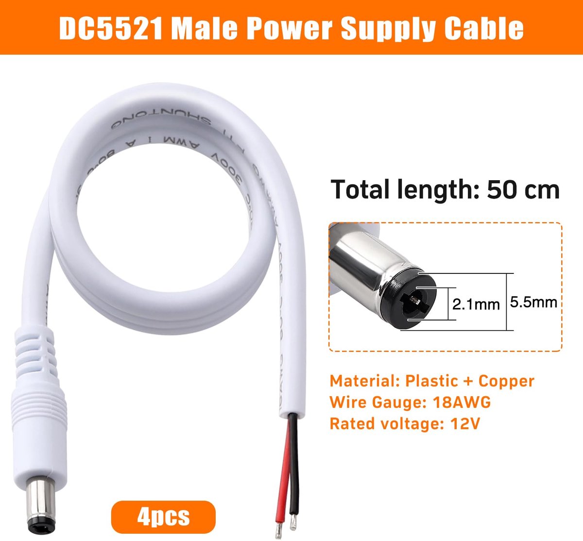 4 Stuks 50cm 18 AWG 5.5mm x 2.1mm DC Power Pigtails-Kabel, DC Mannelijke Stekker naar Blote Draad Open Einde Voeding Vervangend Reparatiesnoer, voor CCTV-Beveiligingscamera, Wit