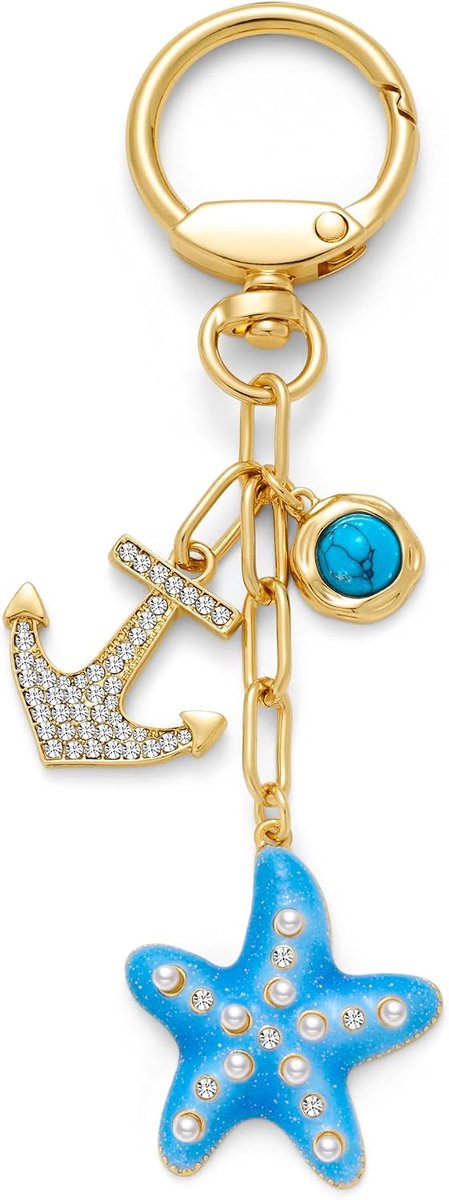 Zeester Charm Sleutelhanger voor Vrouwen Blauwe Zeester Tas Charm Zomer Strand Marine Sleutelhanger Zirkoon Anker Portemonnee Charm Oceaan Zee Sleutelhanger Accessoire, Blauw, One Size,