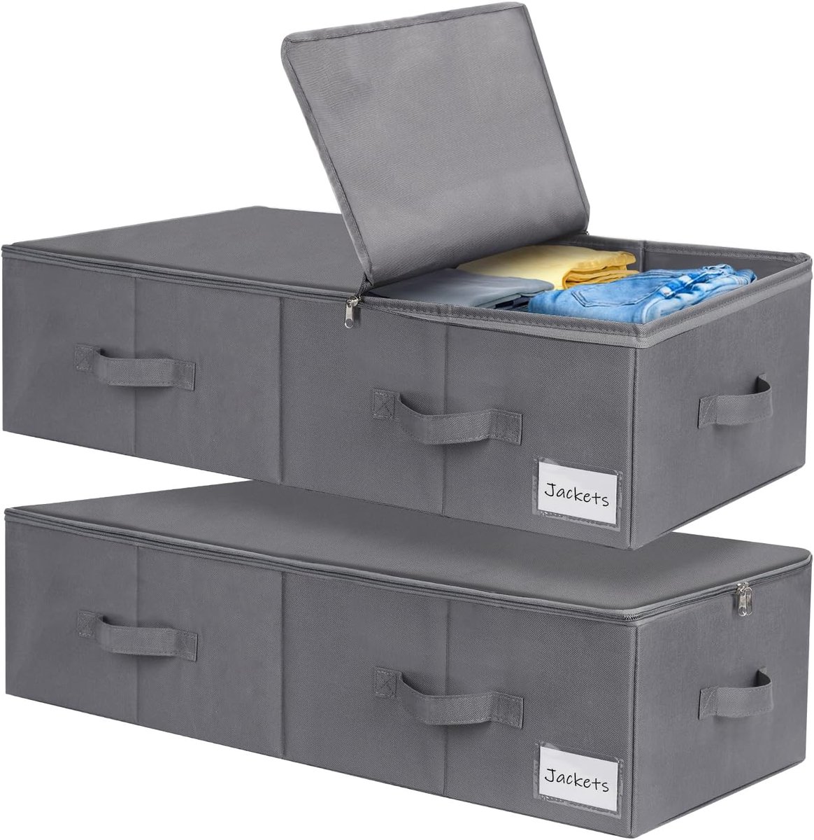 Opbergbox voor onderbed met deksel, 70 liter, opvouwbaar ontwerp met 4 versterkte handgrepen, opbergdoos voor kleding, dekbedden, dekens, kussens, 2 stuks