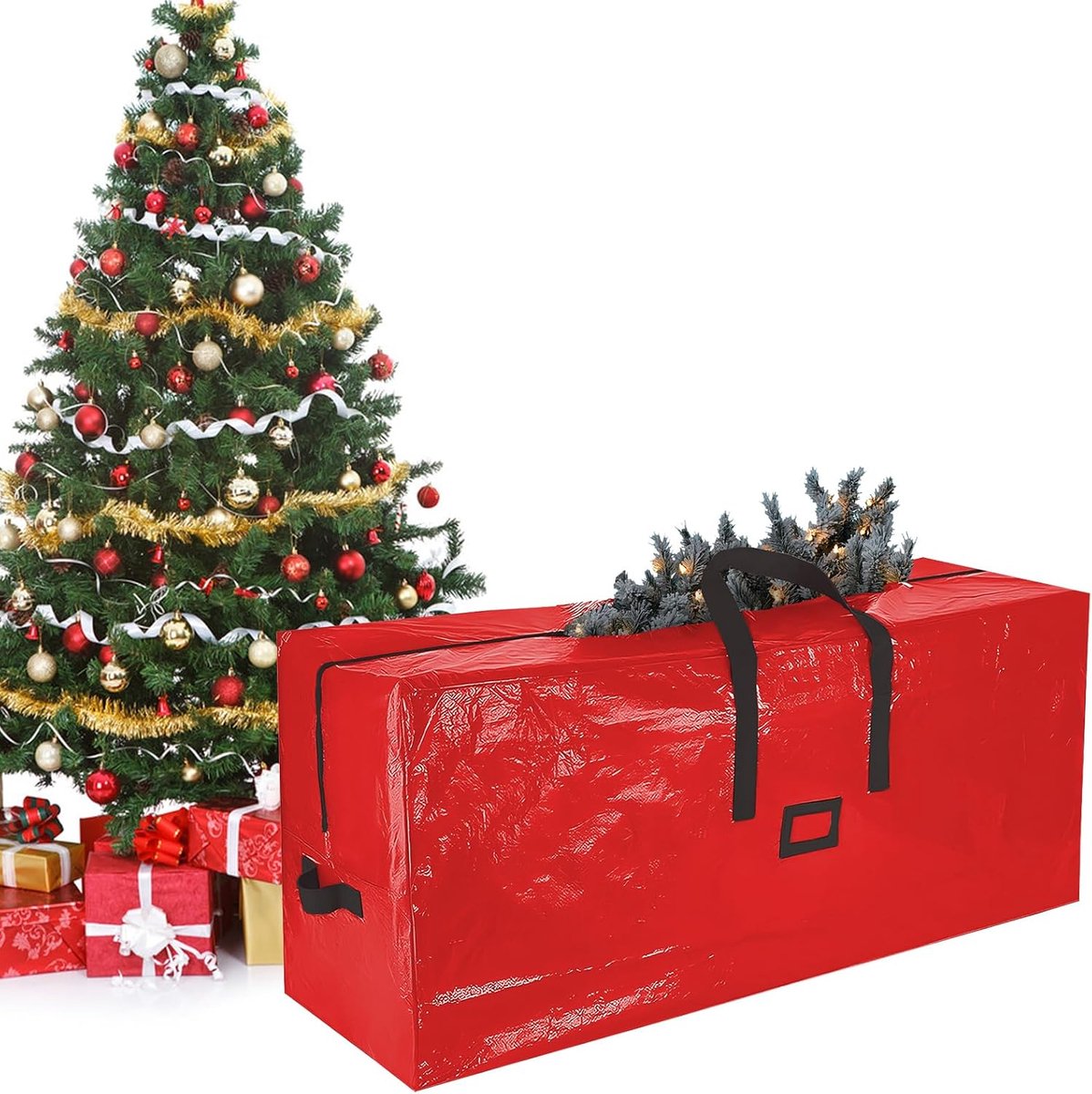 kerstboom, 180 cm, rode dennentas, kerstboomopbergtas, waterdicht, kerstboomhoes, rechthoekig, 120 x 33 x 50 cm