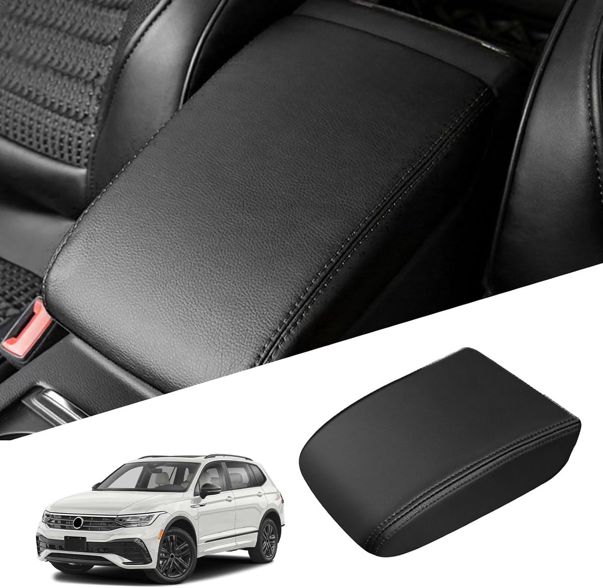 armsteun hoes compatibel met VW Tiguan 2 2016-2023 Auto middenconsole pad armsteunen opleg armsteun bescherming armsteun hoezen leer beschermhoes (Zwarte lijn)