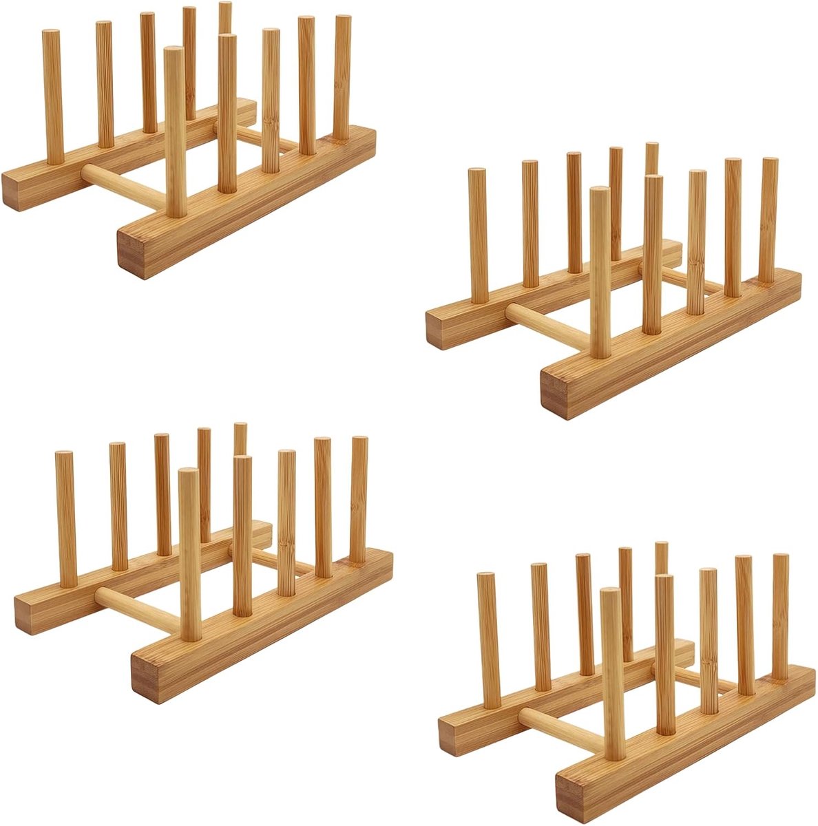 Bordenhouder voor keukenkasten van bamboe - voor snijplank - afdruiprek - organizer voor borden, kopjes en pannendeksels (4, 4 vakken)