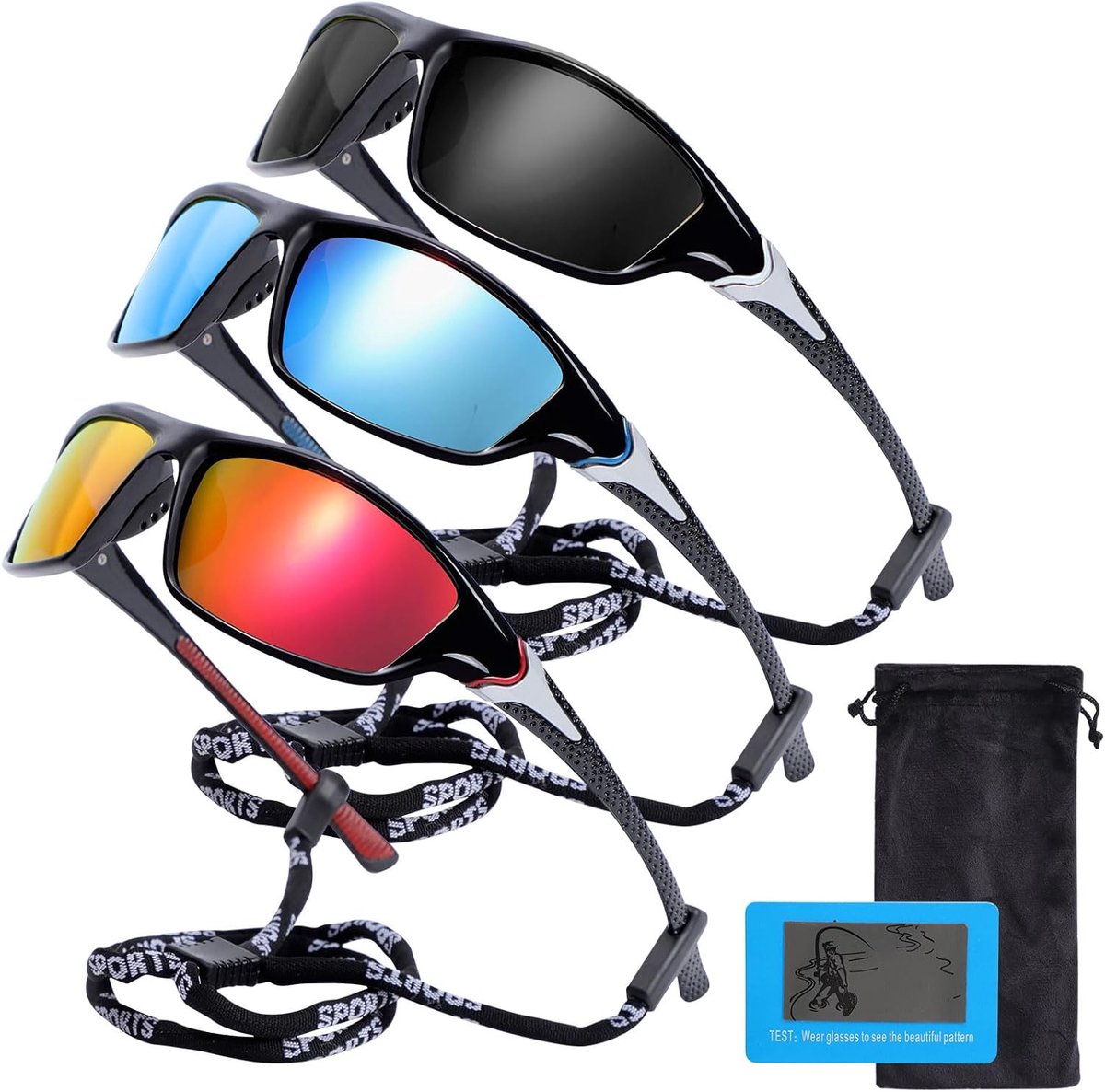 3 stuks gepolariseerde fietszonnebril, sportzonnebril voor mannen en vrouwen, heren, fietsbril, zonnebril, wrap around UV400-bescherming, voor fietsen, vissen, rijden en hardlopen