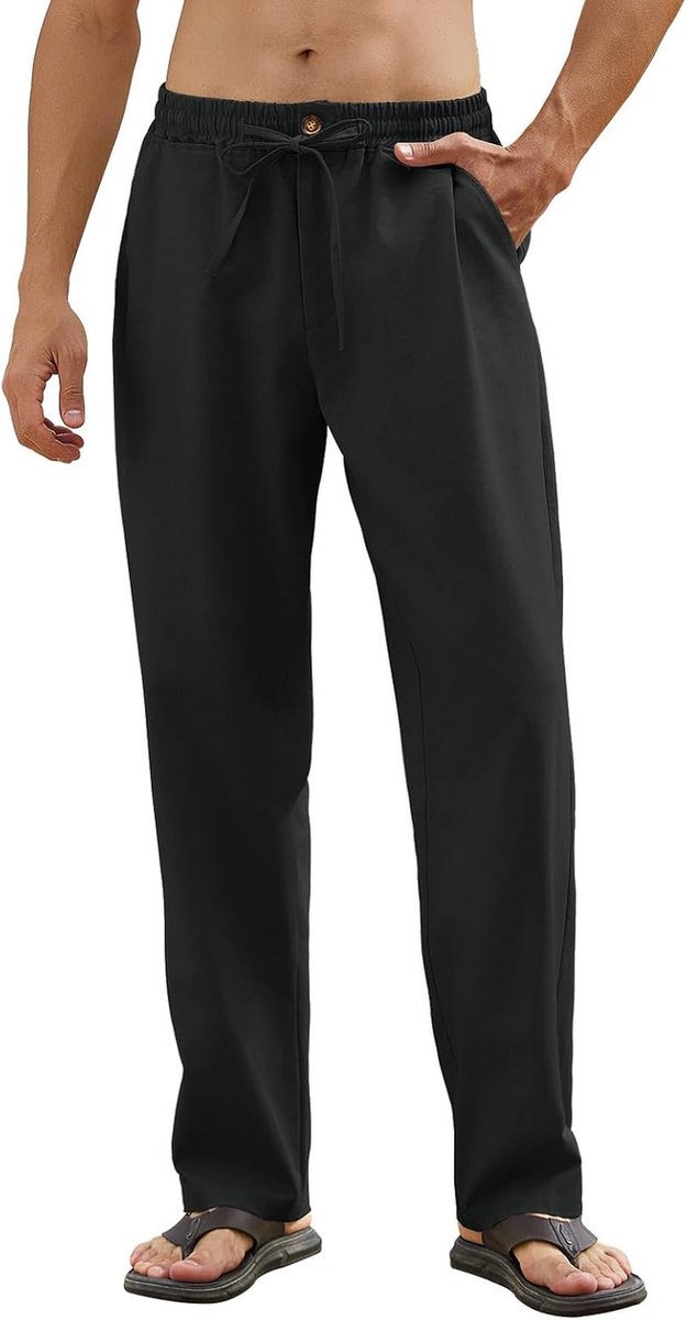 Girl Herenbroek linnen broek elastische taille trekkoord casual broek rechte benen zomer strand yoga broek lichtgewicht losse pasvorm lange linnen broek met zakken