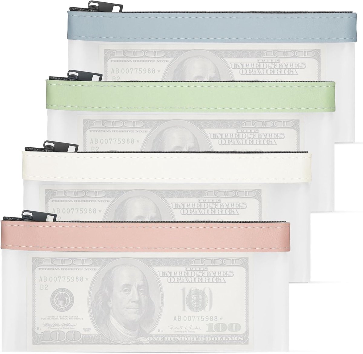 4 stuks muntzakjes met ritssluiting, banktas, transparante enveloppen voor munten en gereedschap (4 kleuren)