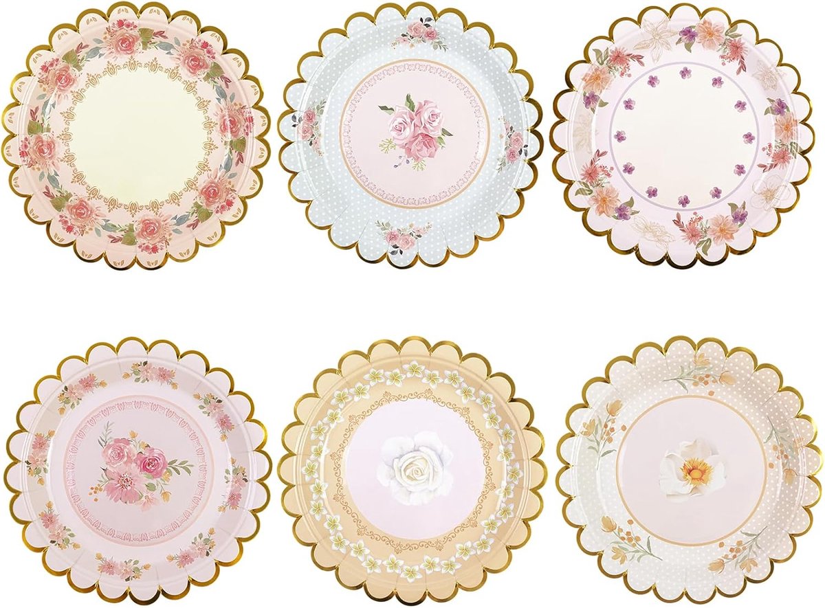 48 stuks vintage bloemenpapieren borden 17,5 cm, geschulpte bloem feestborden wegwerp cake dessertborden voor middag thee verjaardag bruidsdouche babyshower bruiloft feestdecoraties (bloemen)