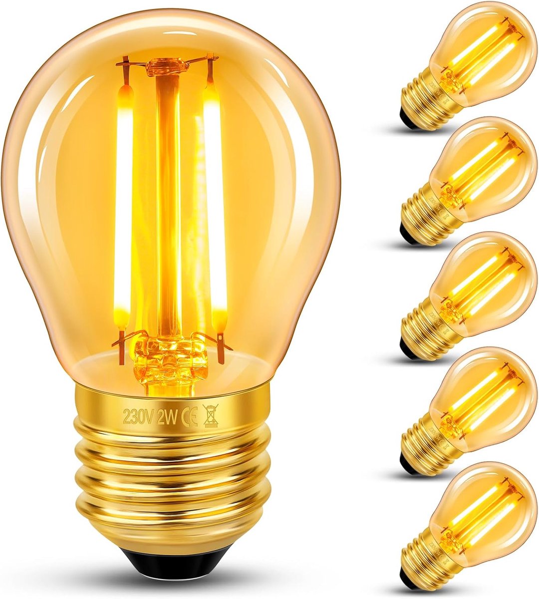 6 stuks E27 LED 2W Edison vintage gloeilamp, G45 vintage gloeilamp, vervangt 20W gloeilampen, warm wit 2200K barnsteen glas lamp, niet dimbaar, nostalgische decoratie voor thuis, hotel, café, bar