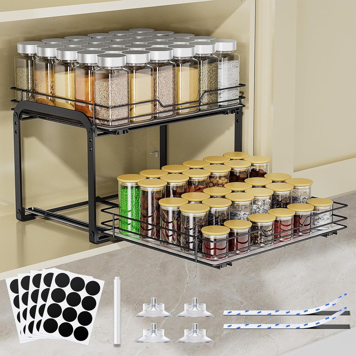 Kruidenrek, 2 etages, uittrekbaar, in hoogte verstelbaar, keukenkast, organizer, staand kruidenrek, uittrekbaar kruidenrek met stickers, voor kast, keuken, werkblad, l 26 x b 34,5 x h 23 cm