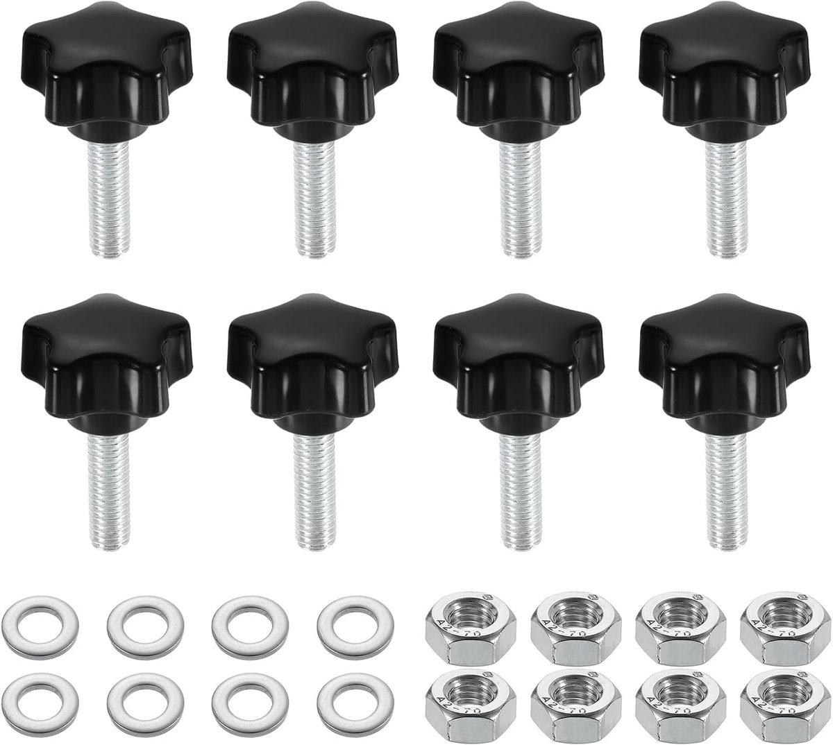 8 stuks sterklemknopen met moeren sluitringen, M6 x 20 mm, metrisch verzinkt koolstofstaal, schroefdraad 25 mm, 5-sterren kunststof draadstift, handknopen, handgrepen, duimschroeven