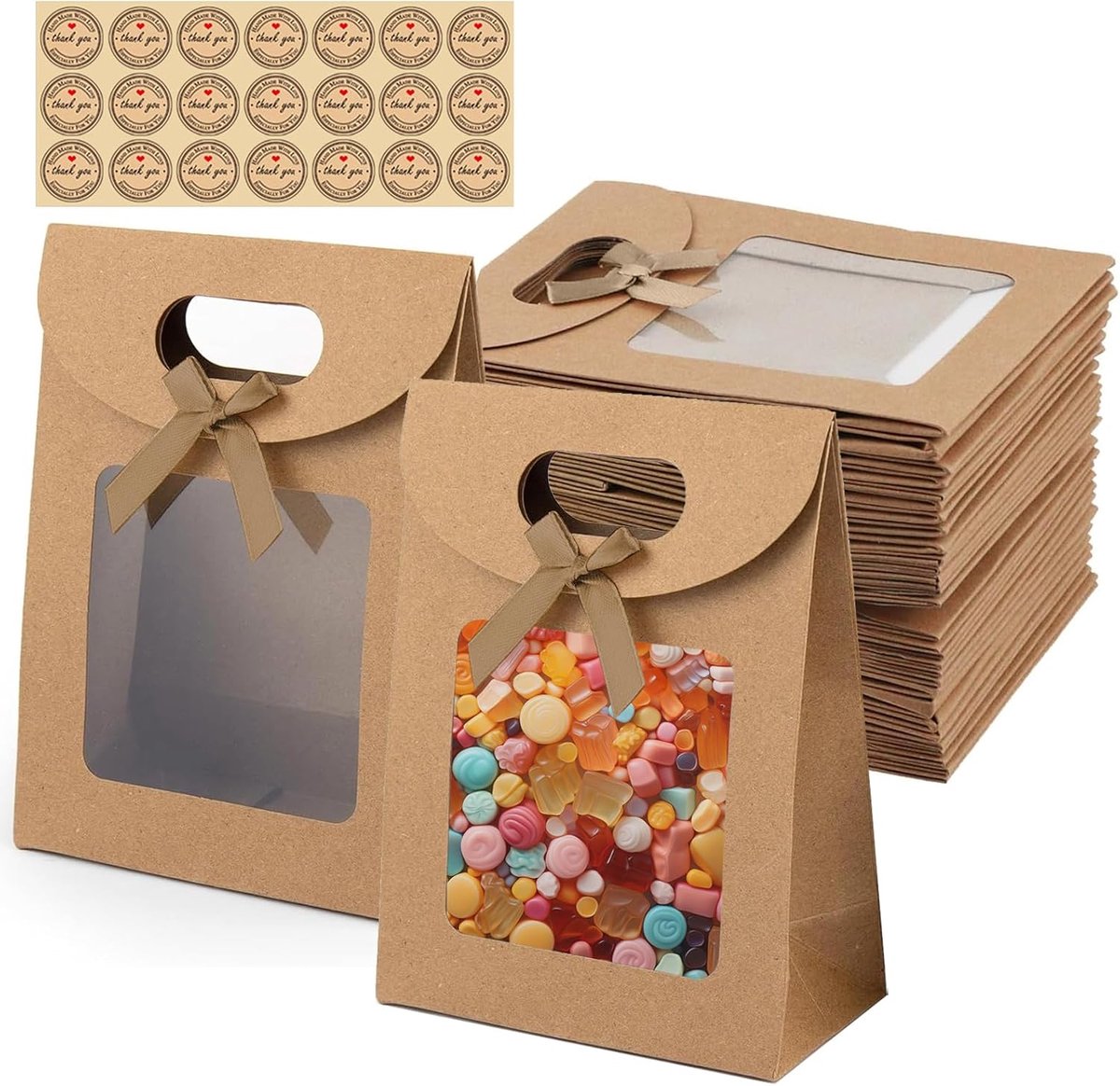 20 stuks cadeauzakjes met venster, 16 x 12 x 6 cm, bruin | Kraft papieren zakken met handvat, ronde stickers, voor snoep, koekjes, verpakking, bruiloft, Kerstmis, feest