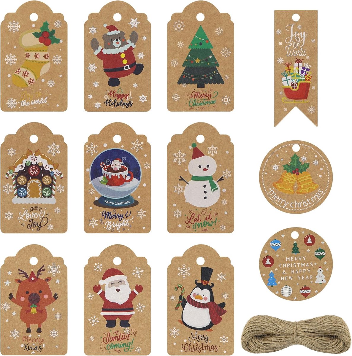 96 stuks Kraft kerstlabels met 100 jute touw snaren, 7,5 x 4,5 cm bruine cadeaulabels voor vakantiegeschenken, rustieke kerstlabels voor verpakking, boerderij feestartikelen