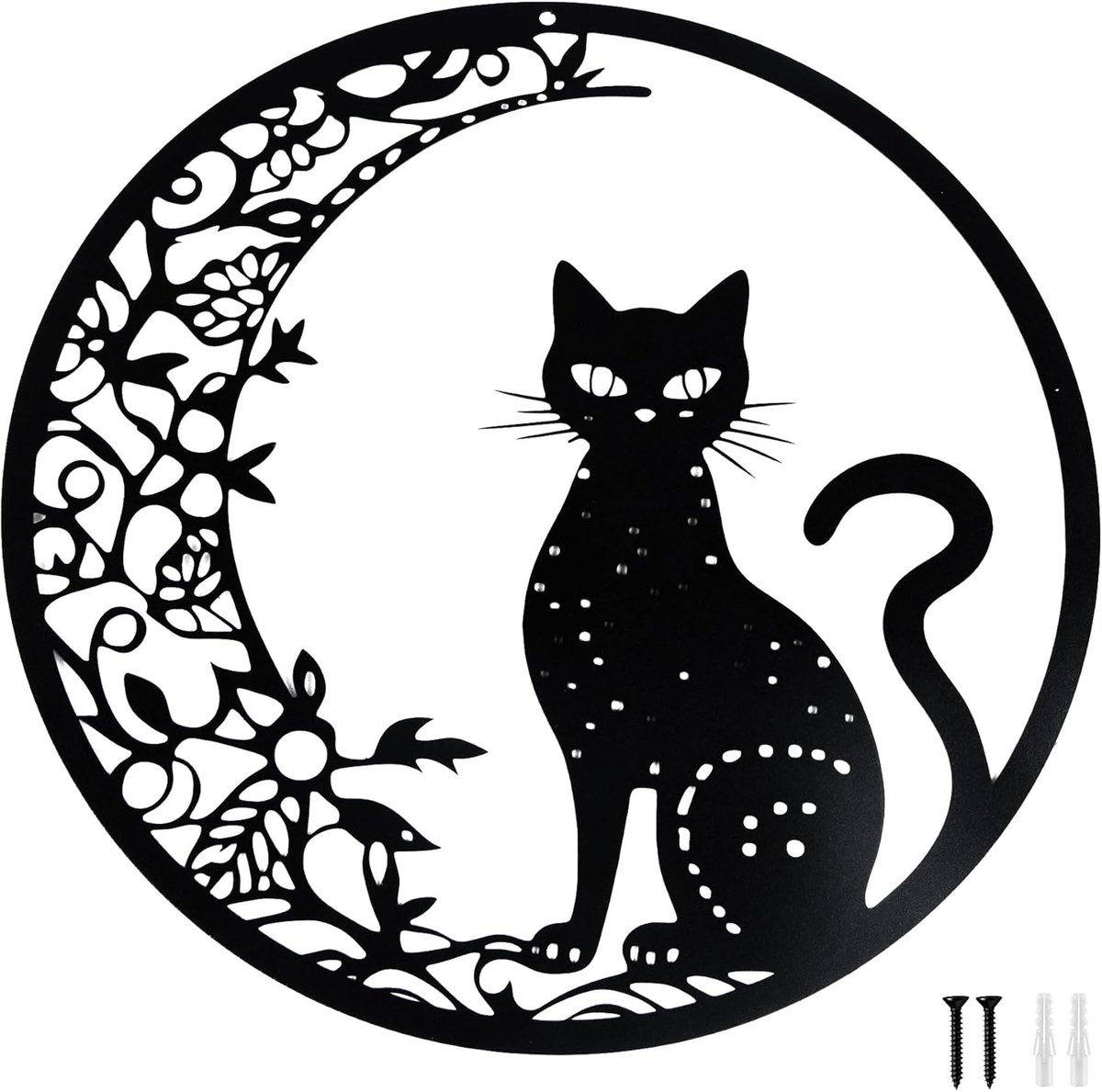 mongtsamz 30 cm metalen wanddecoratie, zwart, maan en kat, wanddecoratie, metaal, dierendecoratie, kunst, silhouet, geschikt voor woonkamers, slaapkamers, kantoren enz
