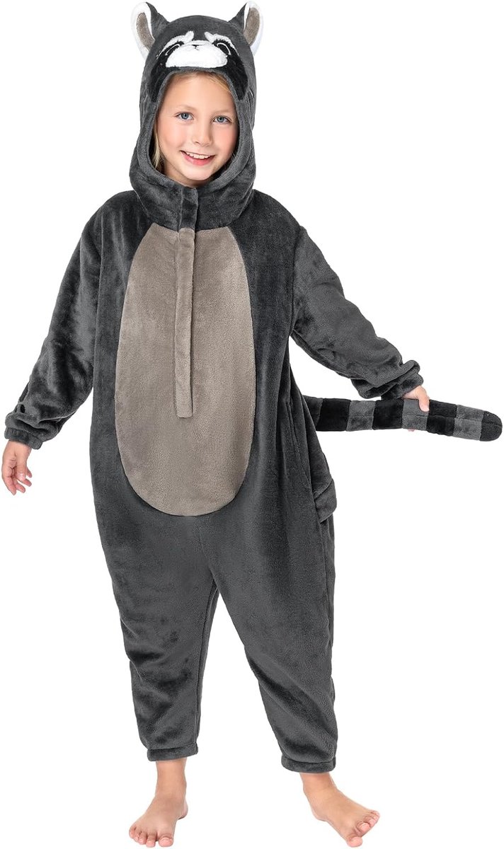 Kinder Animal Onesie Unisex Zachte Pluche Fleece Pyjama voor Jongens Meisjes Knuffelig Eendelig Pyjama Cosplay Kostuum voor Carnaval Halloween Kerstmis (Wasbeer, 6-8 Jaar)