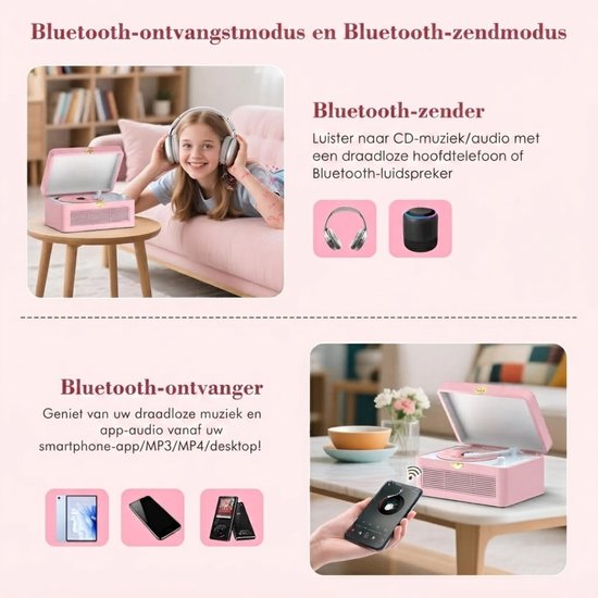 Lìon® CD Speler Draagbare - CD Speler - Draagbare Bluetooth CD Speler - Roze - 25cm x 19cm x 15cm van lion — afbeelding 2