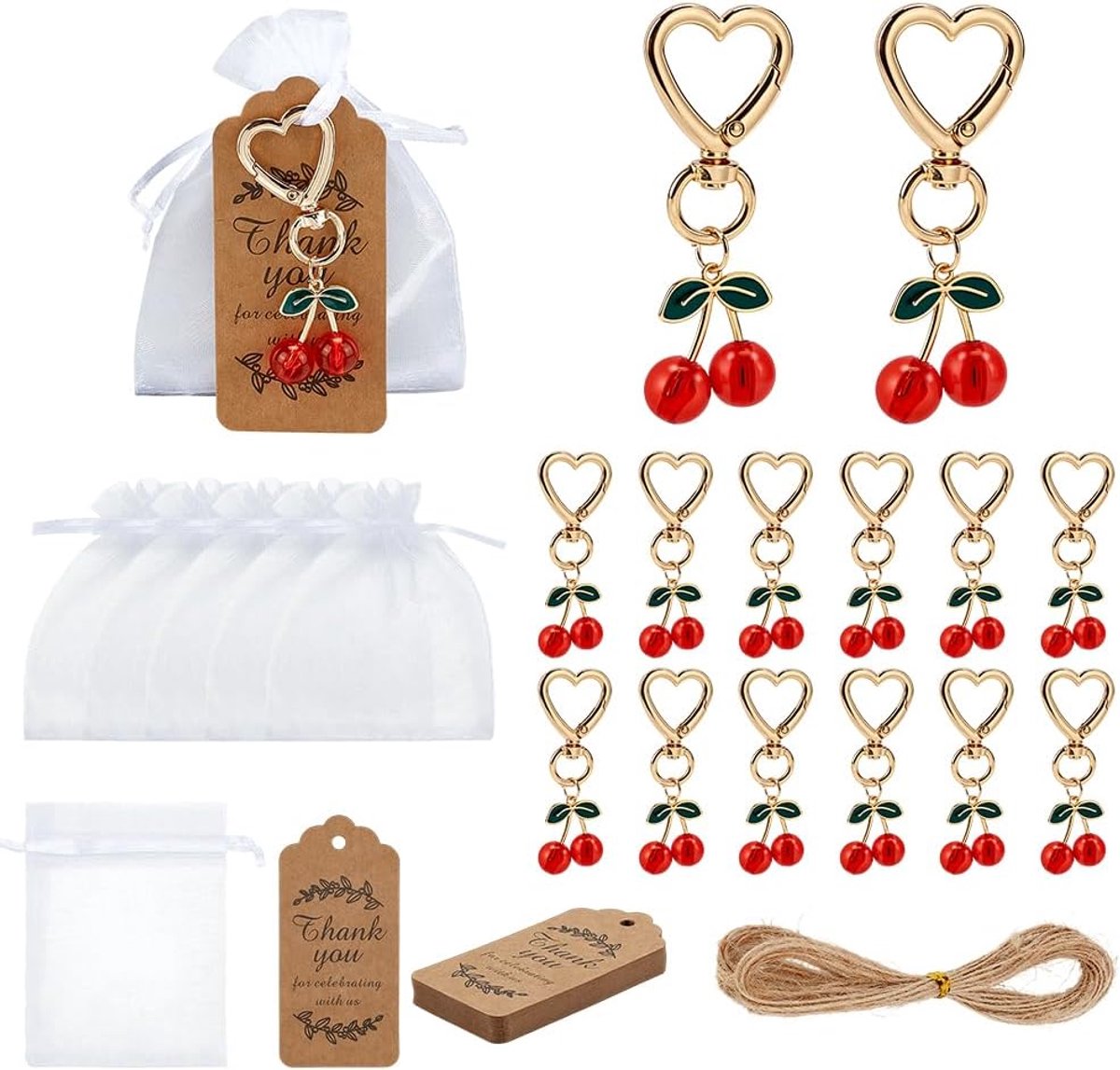 22 Set Cherry Sleutelhanger Legering Emaille Hanger Decoraties met Hartvormige Swivel Haken Sluitingen met Organza Zakken Koord Display Kaarten 5m Jute Touw Handtassen Sleutelhangers