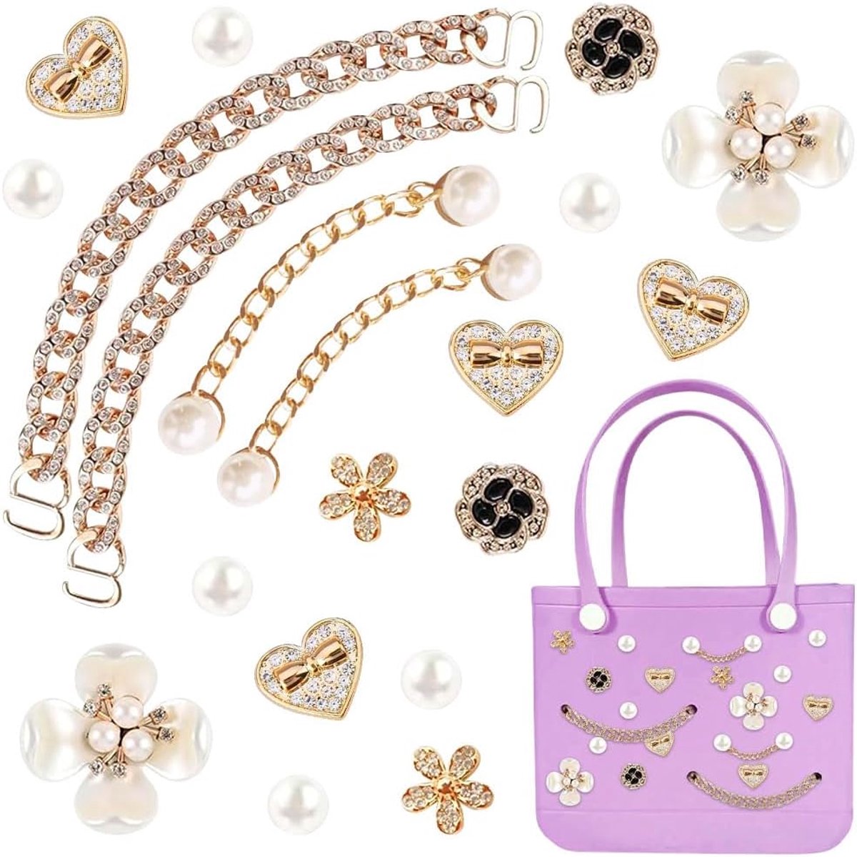 Bedels voor Bogg Bag, vlinder bloemen parels en bling ketting set voor rubberen draagtas compatibel met Simply Southern Beach Bag Tote Insert voor strand draagtas