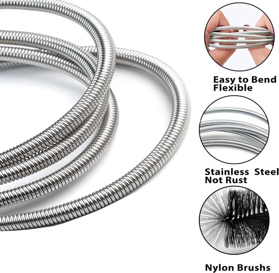 Pijpreinigingsborstelset met dubbele kop (2 m) + 2 x slangborstels (20 cm) - flexibele afvoerborstel voor buizen, afvoeren, aquarium en huishouden (zwart) — afbeelding 3