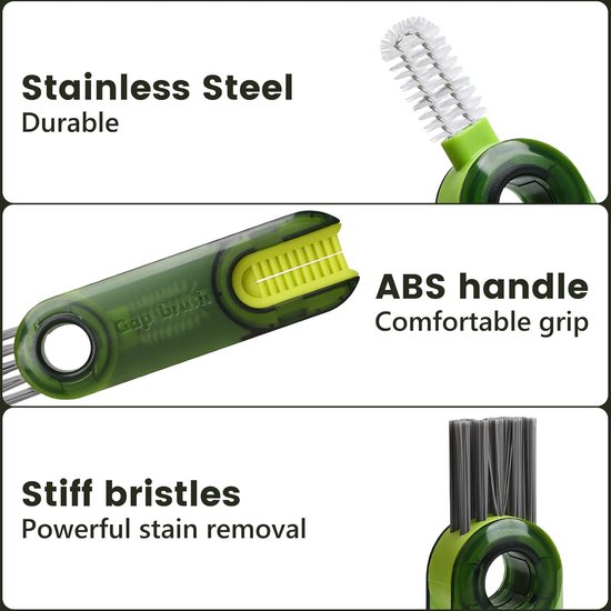 3-in-1 multifunctionele reinigingsborstel, spleetreinigingsborstel voor waterflessen, waterflessen, reinigingsborstel, dekselspleten, reinigingsborstel voor kopjes en flessen — afbeelding 5