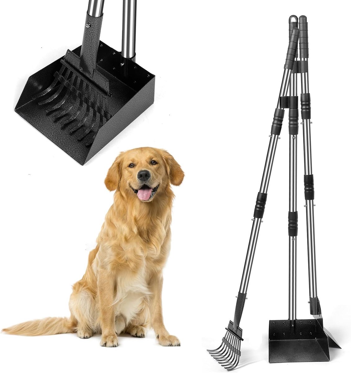 Scooper voor honden, 96CM lange handgreep hondenpoepgrijper, afneembare metalen poepschep met spade en hark voor grote, middelgrote en kleine honden, voor het verwijderen van hondenpoep