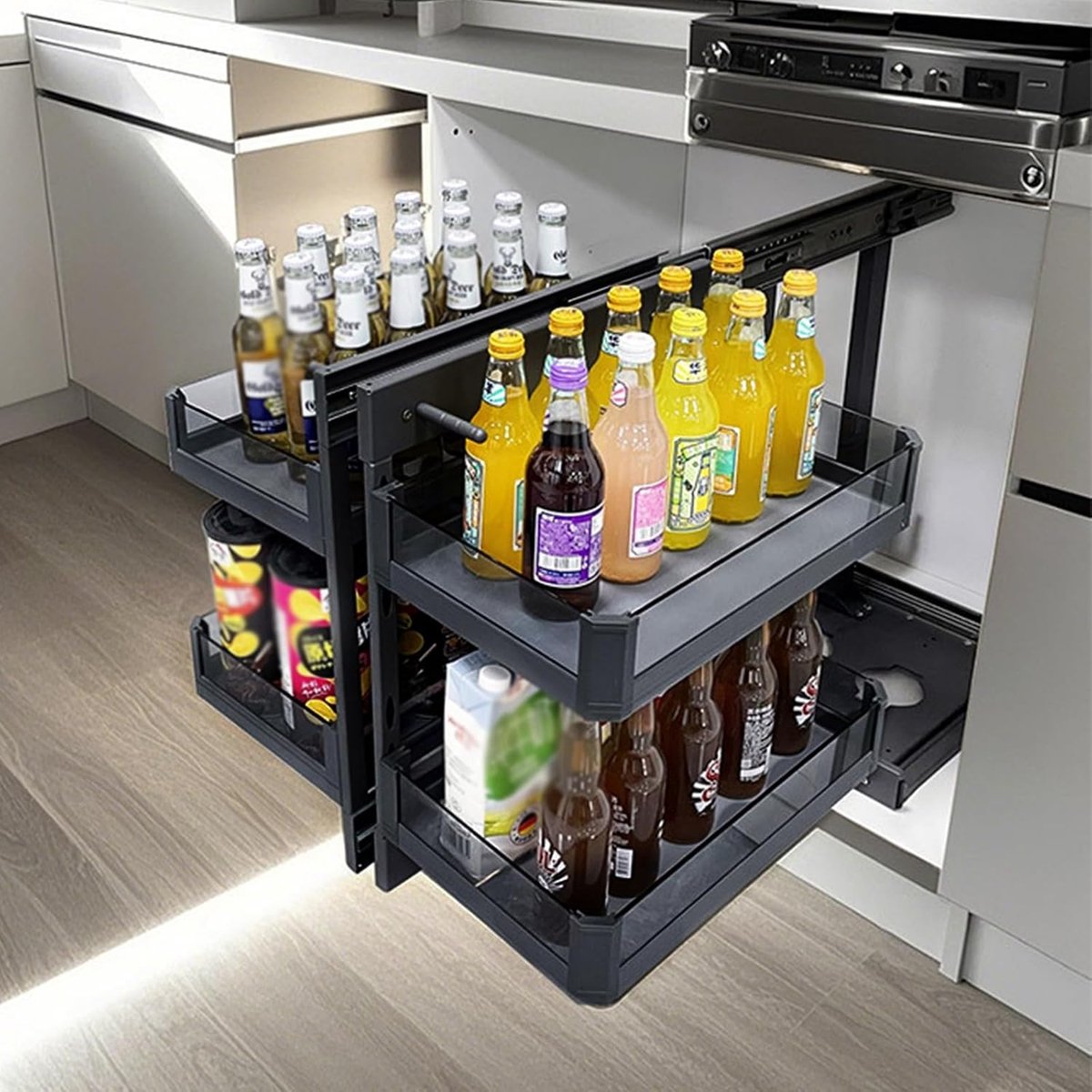 Uittrekbare organizer, 2 lagen keukenkast organizer met 4 planken, links open en rechts open opbergrek keuken voor hoekkasten 800mm