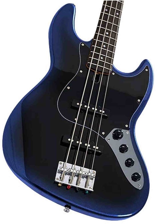 Donkerblauwe jazz basgitaar met zwarte slagplaat, vier snaren en zilveren hardware.