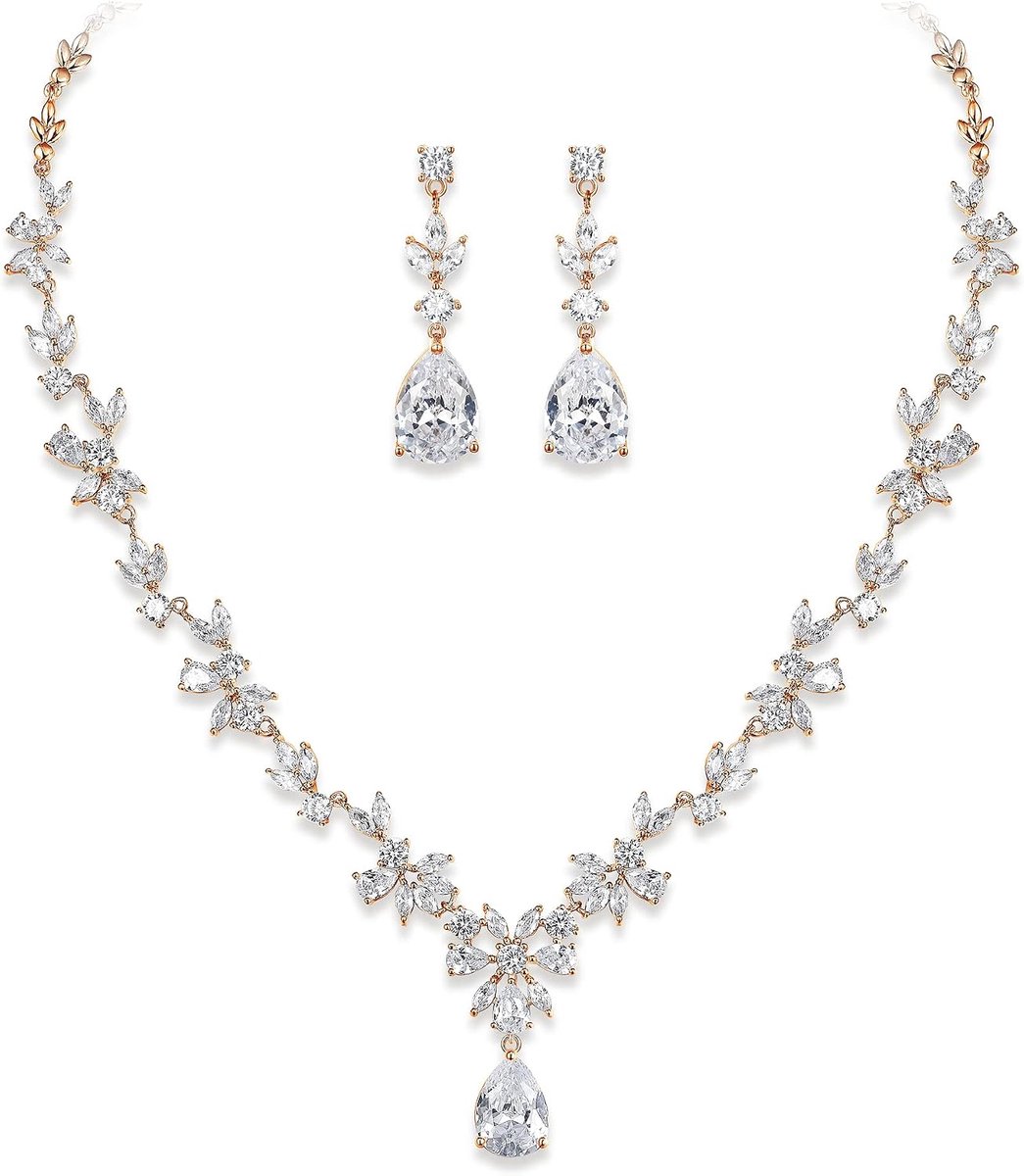 FAITH Sieradenset voor dames, cubic zirkonia, modieus, bloemblaadje, wijnstok, halsketting en bungelende oorbellen, set zilverkleurig, Kubik zirkonia, Zirkonia,