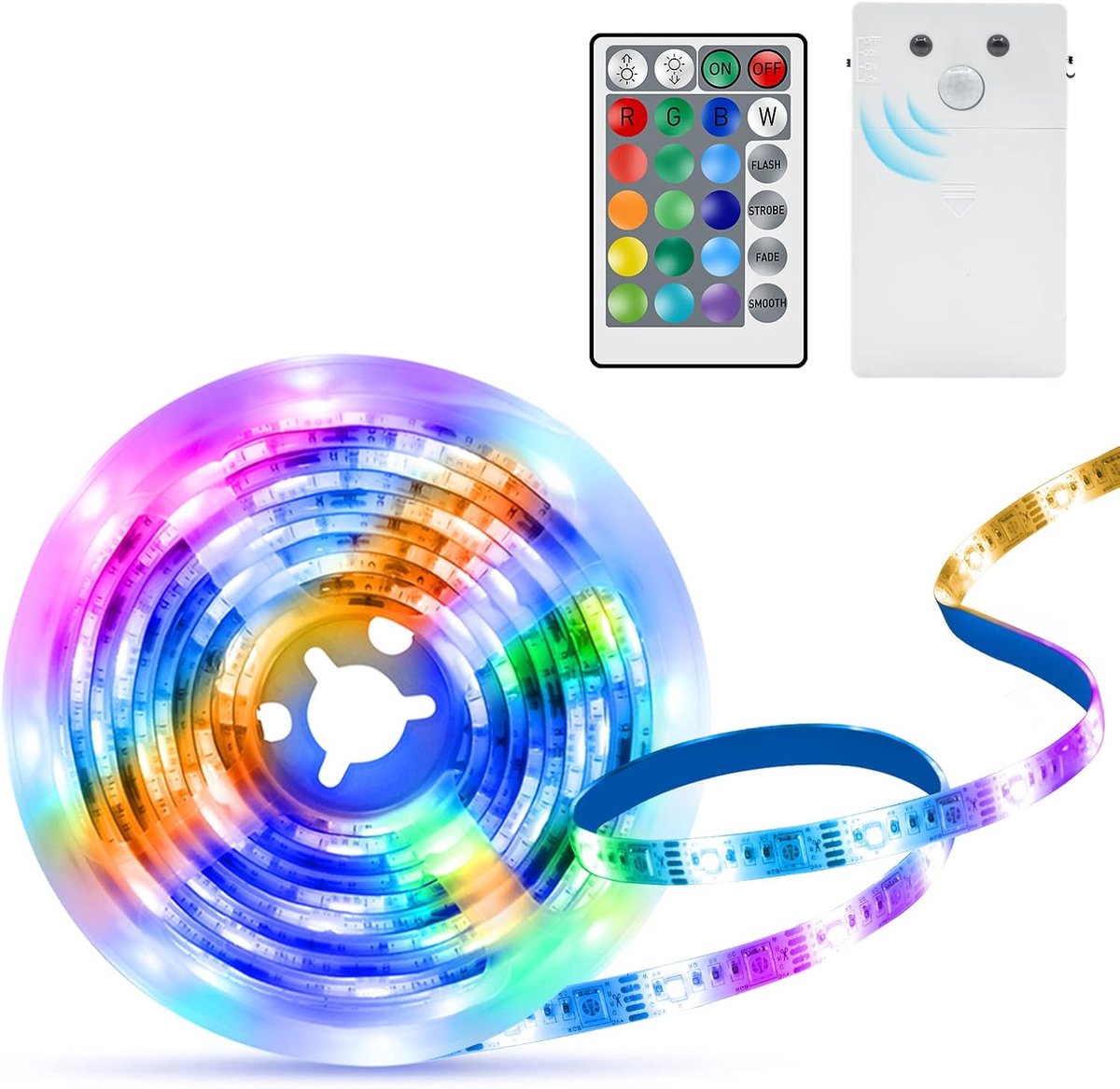 Gradevin Led-strip, bewegingsmelder, werkt op batterijen, 60 leds, RGB en warmwit, 2 m, zelfklevende nachtverlichting, strips met afstandsbediening, voor hal, trappenkast, bed, decoratie