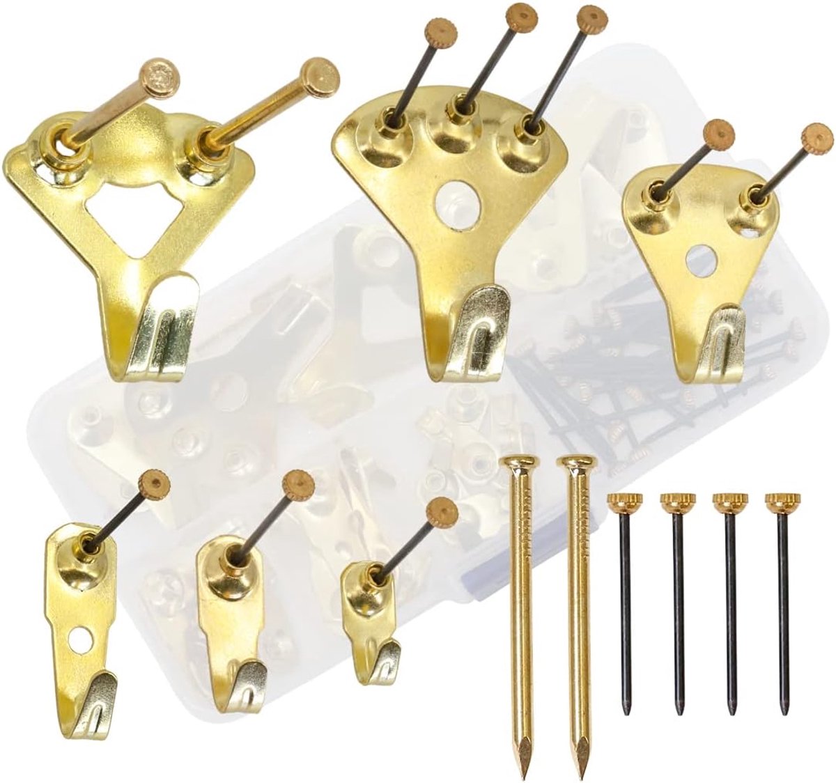 62 stuks fotohangers met spijkers, zware belasting, veelzijdige haken & nagelset voor het ophangen van foto's, spiegels, decoratieve ondersteuning, 10-200 kg, goud