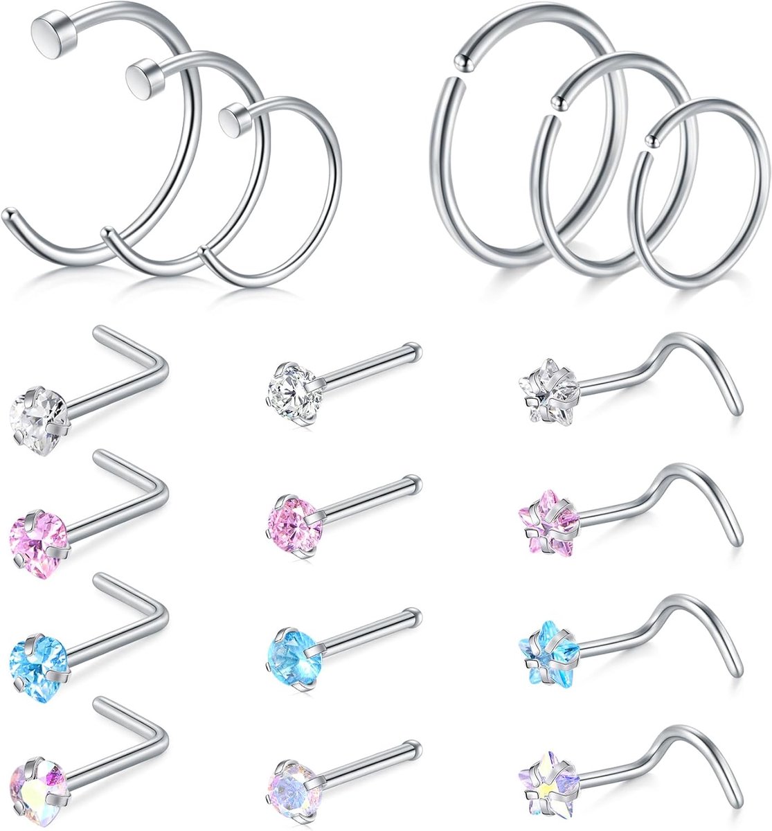 Neuspiercing, hypoallergeen, roestvrij staal, L-vormige neuspiercing, schroeven met zirkonia, neuspiercing, sieraden, 22G, 20G / 18G, 18 stuks of 24 stuks