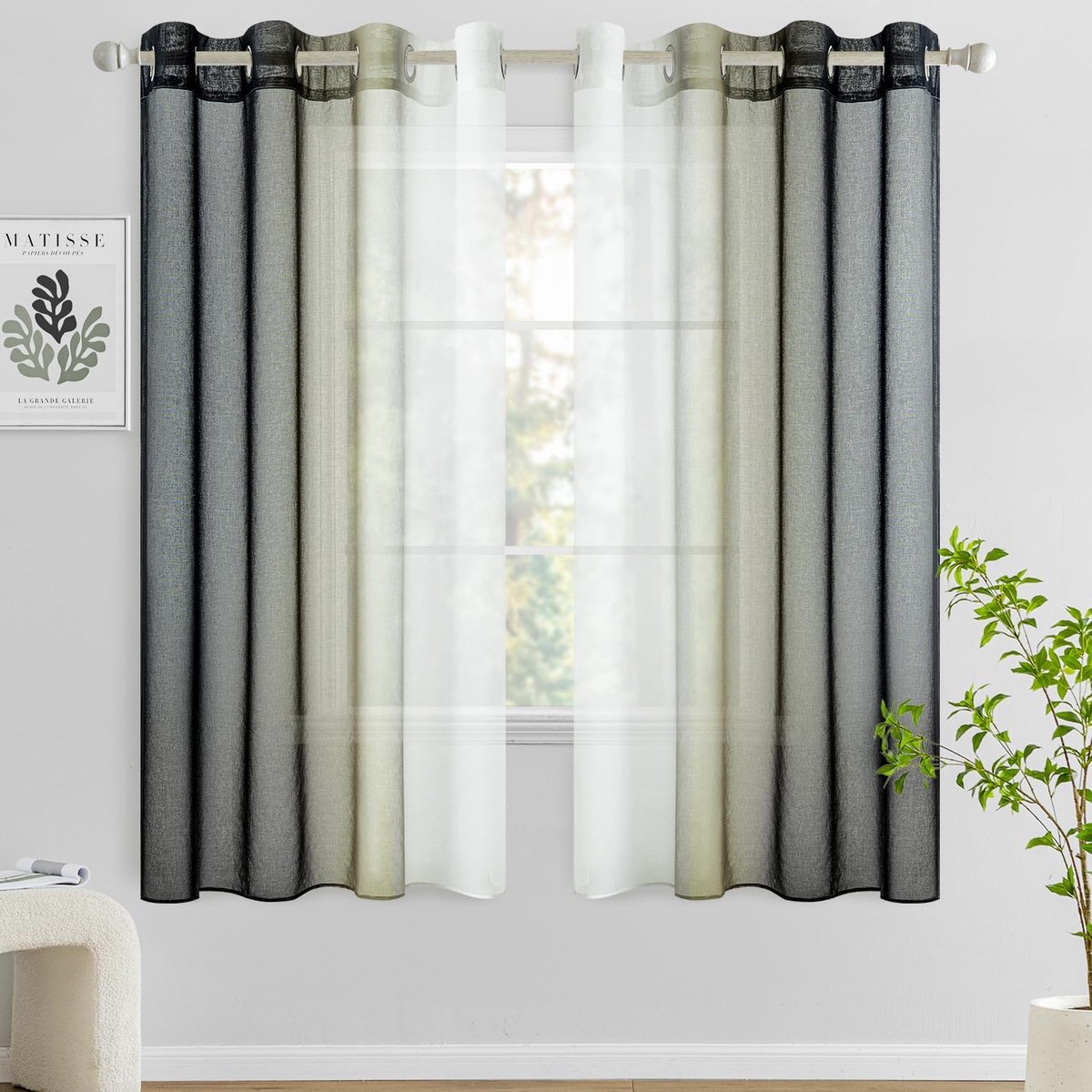 korte, transparante gordijnen, gordijnen met ringen en kleurverloop, semi-transparant, lichtgewicht, elegant, binnengordijnen voor moderne woonkamer, huis, set van 2, 140x145cm, zwart