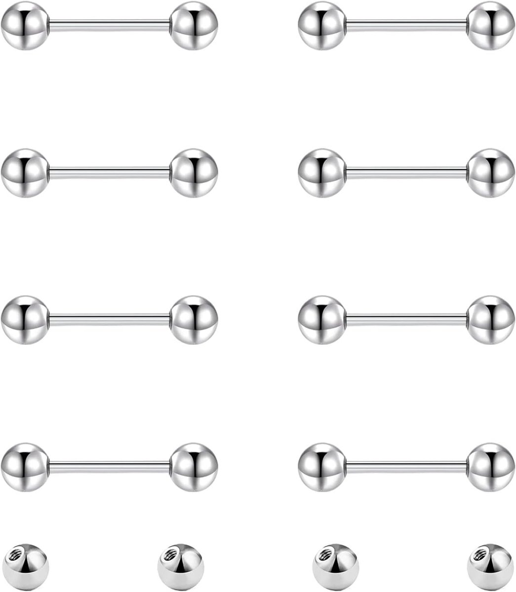 8 stuks tongtepelstangen en 4 stuks vervangende ballen 14G roestvrij staal metalen rechte barbell piercing sieraden zilver zwart 8/10/12/14/16/18/20mm