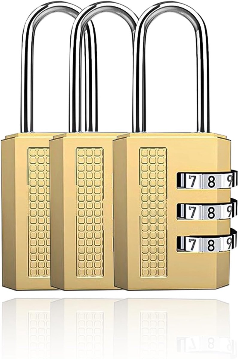 3 stuks hangslot, kleine zinklegering, vergrendelingsslot, cijferslot, 3-cijferig, weerbestendig, slot met cijfercode, voor koffer, kluis, fitnessruimte (goud)