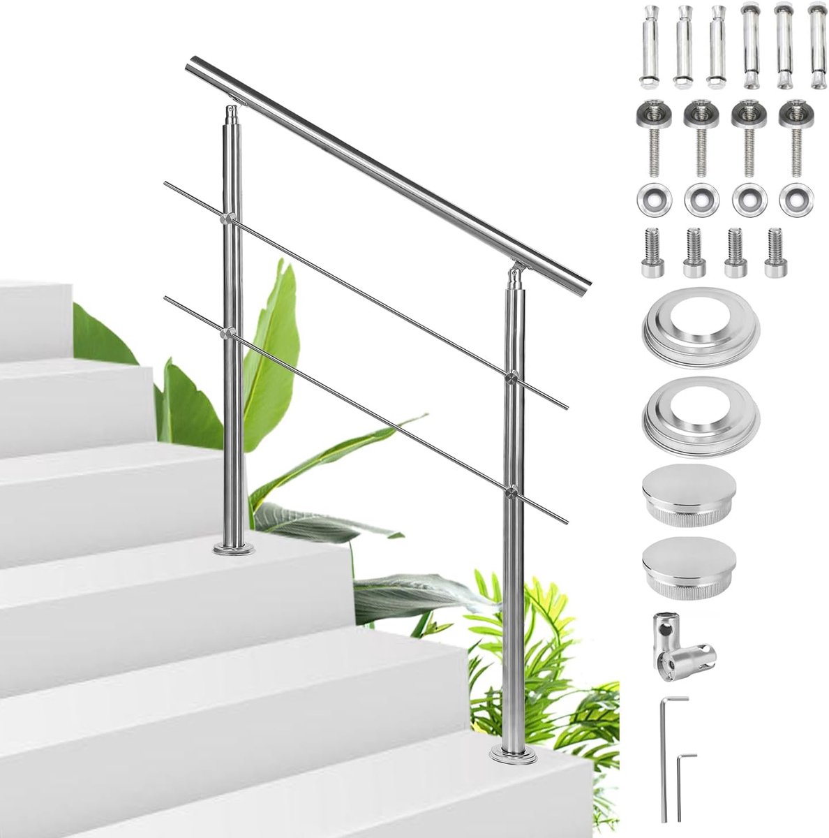 roestvrijstalen leuning reling - trapleuning 120 cm met 2 dwarsstaven voor binnen en buiten, hoogwaardig entreegeleider voor balkon, trap en balustrade