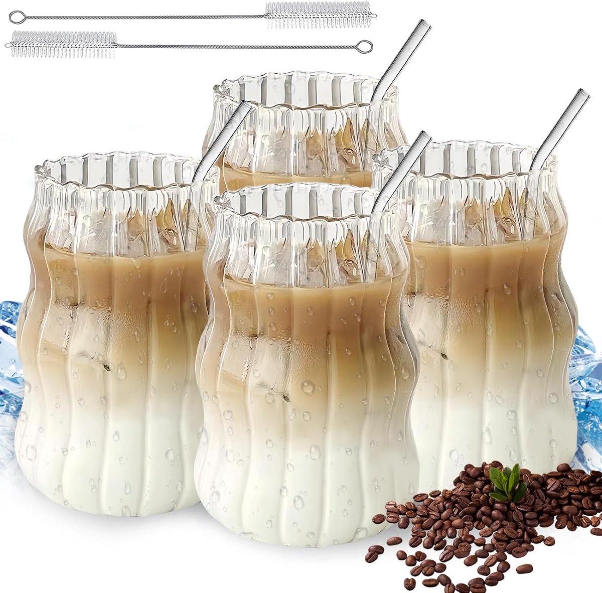 4 stuks latte macchiato-glazen: 500 ml cappuccino koffieglazen set met 4 rietjes en 2 rietborstels, theeglazen, geribbelde dessertglazen, vaatwasmachinebestendig