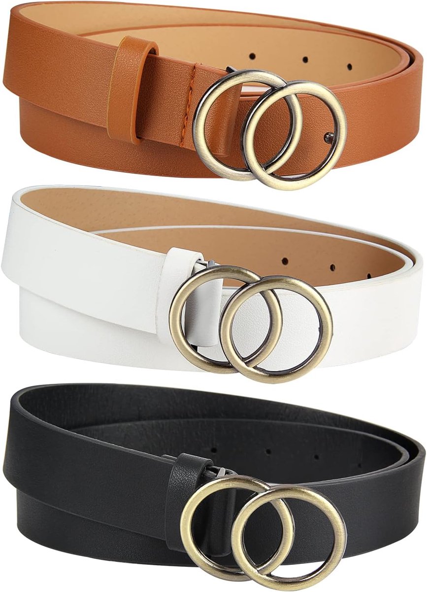 Riemen voor dames, modieuze dubbele O-ring gesp riem dames lederen riem vintage en modieus voor jeans broek jurken (bruin/wit/zwart), bruin/wit/zwart, One Size