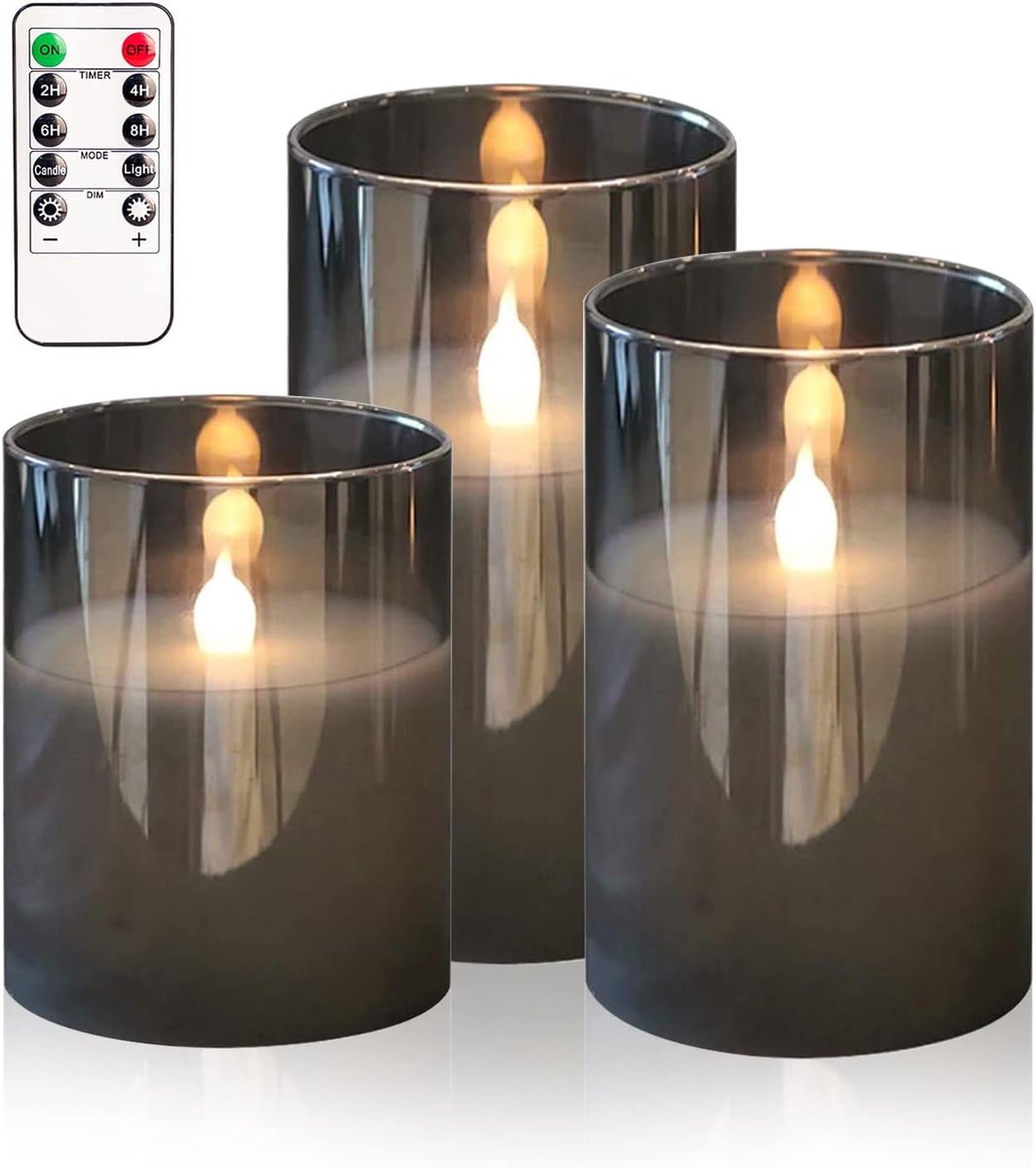 Led-vlamloze kaarsen, grijs glas, op batterijen, flikkeren met afstandsbediening, 3D-lont, realistisch warm licht, led-kaarsen, flikkeren met timer, voor bruiloft, feest, kerstdecoratie
